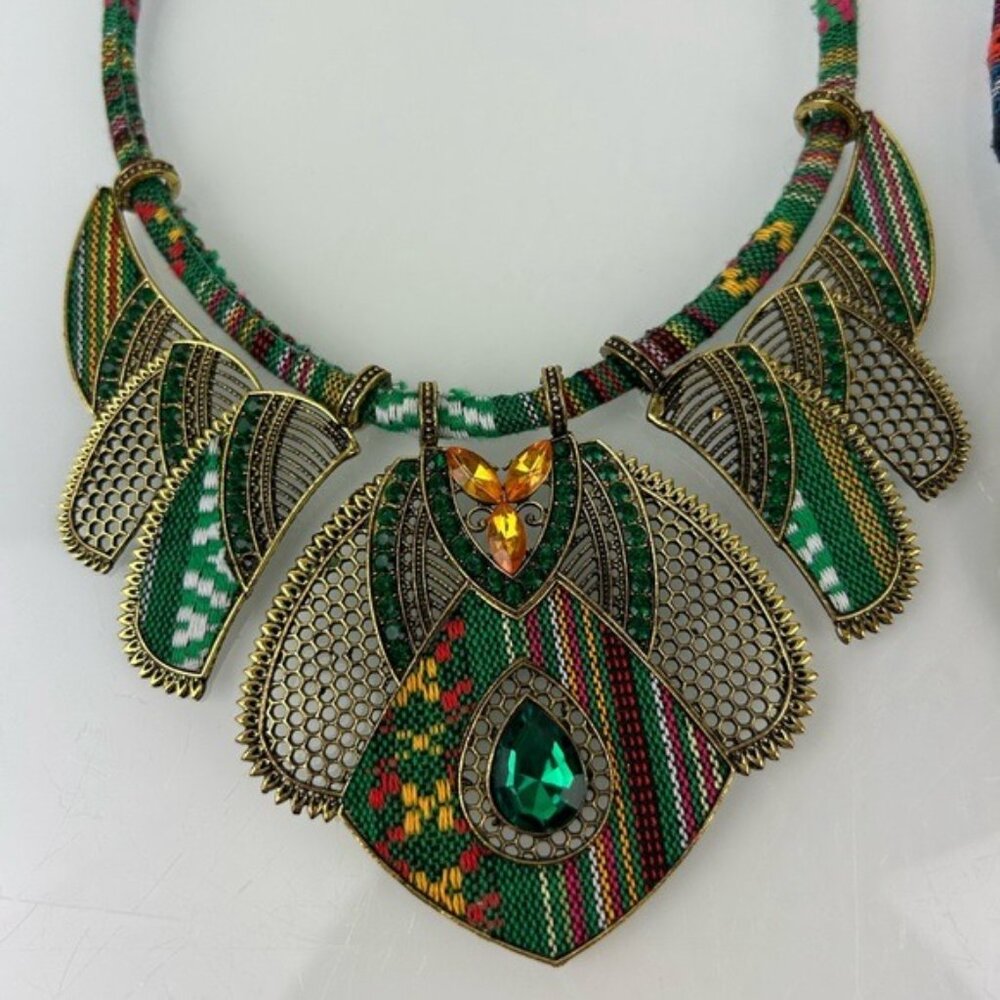 Tribal Beaded Threaded Rhinestone Necklaces Set of 2 Unique Eclectic Statement - Picture 3 of 16
